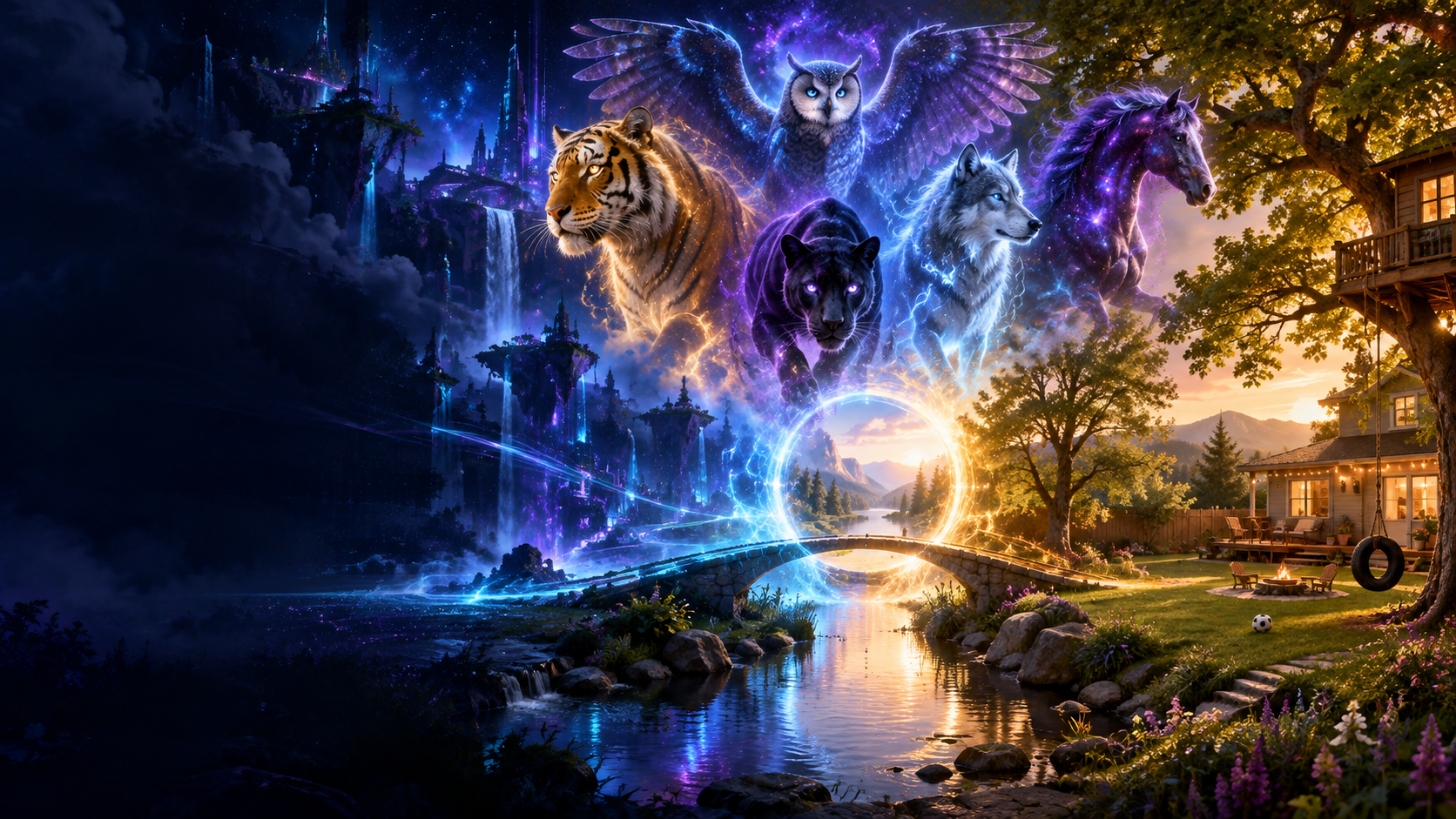 A glowing bridge connecting a digital world to a warm real-world backyard, watched over by five animal guardians.